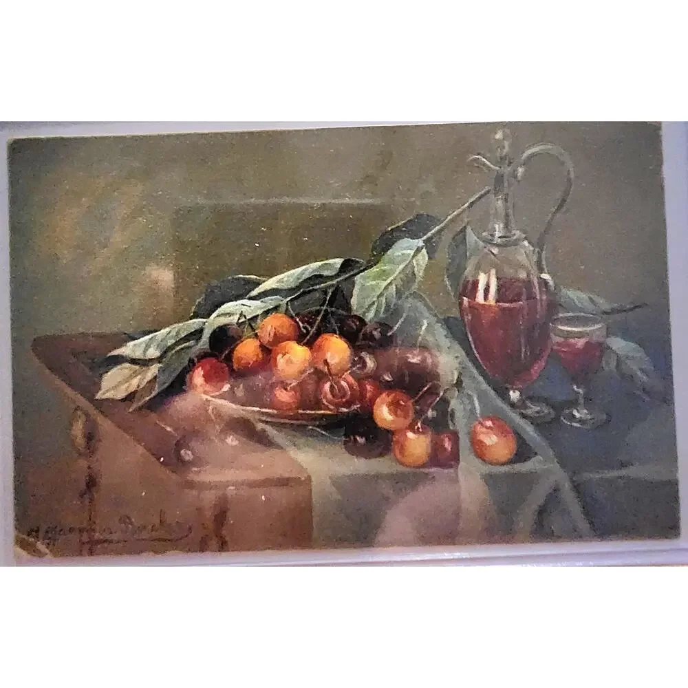Lot Of Four Vintage Antique Postcards Decanter Fruit
